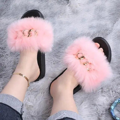 Pink fluffy indoor slippers Stevvex with fur strap, soft flat flip flops for women on Tampa Home & Garden Store