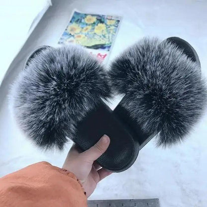 Stevvex fluffy fur slippers for women, grey-black faux fur straps, black soles, indoor warm comfort on Tampa Home & Garden Store