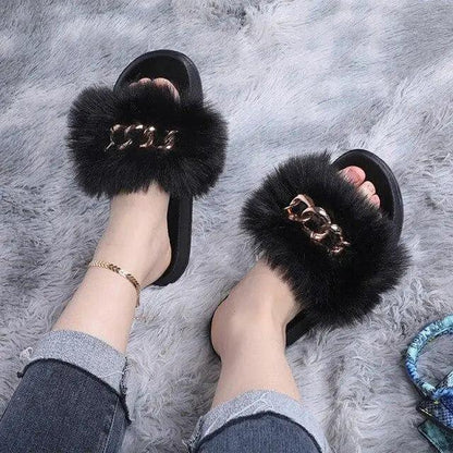 Stevvex furry black indoor slippers with gold chain accent, women's fluffy flip flops on Tampa Home & Garden Store