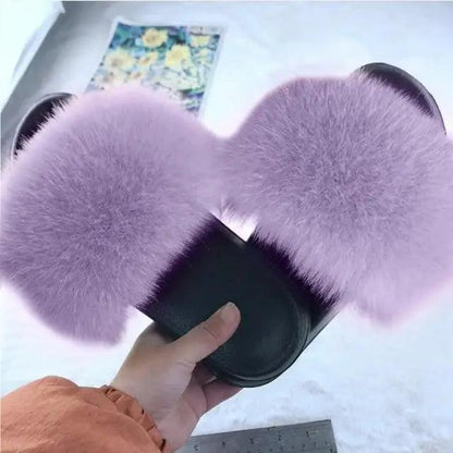 Slippers Stevvex lavender fluffy faux-fur indoor slippers with black sole pair on Tampa Home & Garden Store