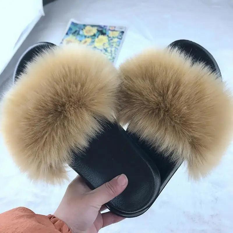 Stevvex fluffy fur flip flops with beige pom-pom straps on black sole on Tampa Home & Garden Store