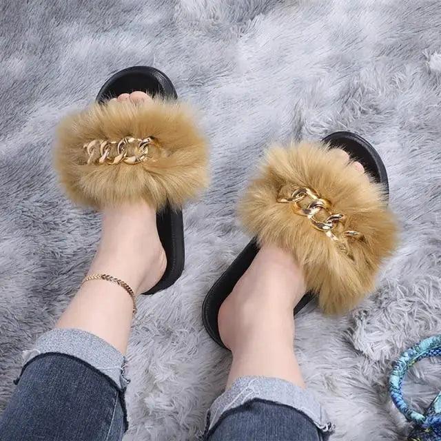Fluffy fur slide slippers Stevvex with tan fur band and gold chain, black sole on Tampa Home & Garden Store