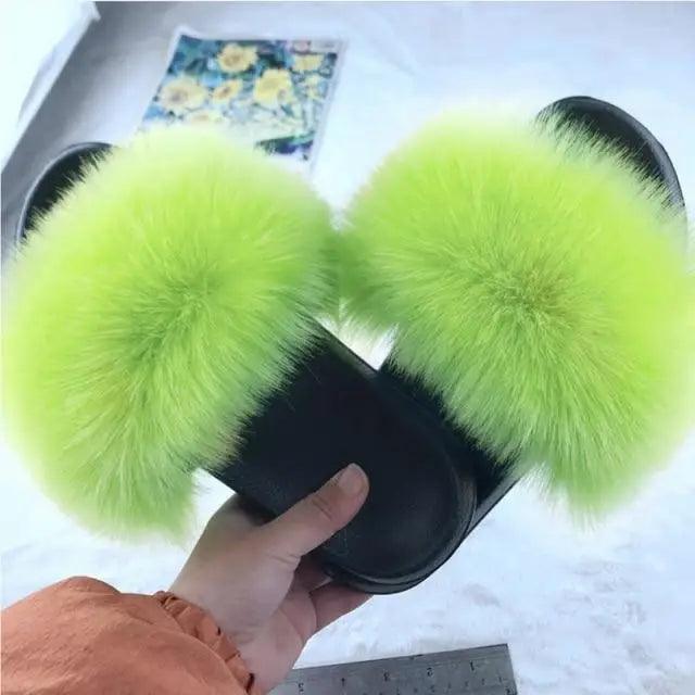 Stevvex fluffy lime green indoor slippers with oversized fur pom-poms, slide-on flip flops on Tampa Home & Garden Store