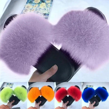 Stevvex lavender fluffy fur slippers; plush fur flip-flops with black sole, multi-color options on Tampa Home & Garden Store