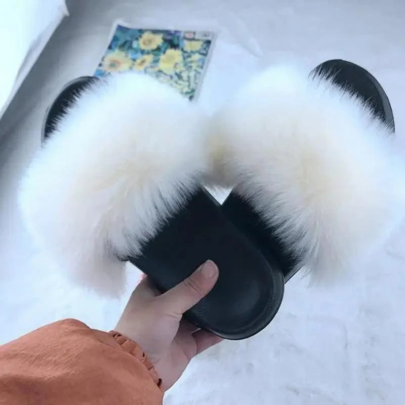 Fluffy ladies indoor slippers with white fur trim, black sole, Stevvex on Tampa Home & Garden Store