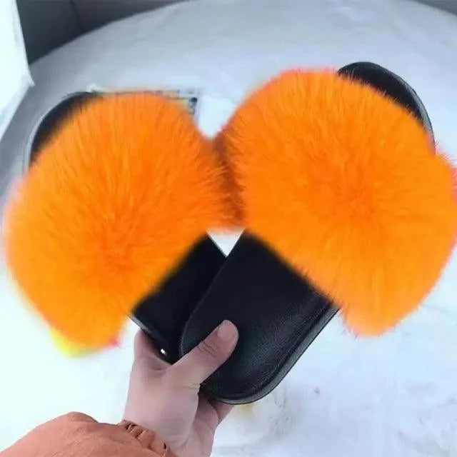 Stevvex fluffy orange indoor slippers plush fur upper with black sole on Tampa Home & Garden Store