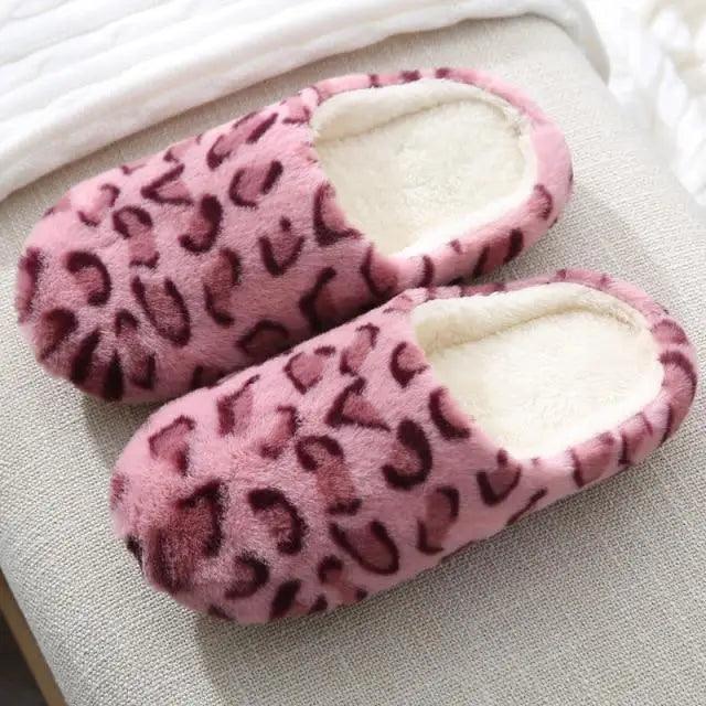 Slippers Stevvex pink leopard faux fur indoor warm plush pair for women on Tampa Home & Garden Store