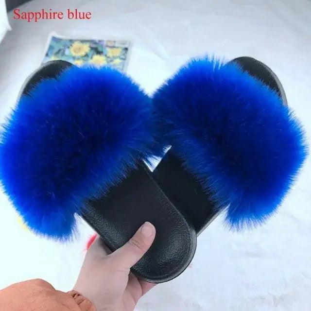 Fluffy blue fur slide slippers for women with black sole indoor warm flat sandals on Tampa Home & Garden Store