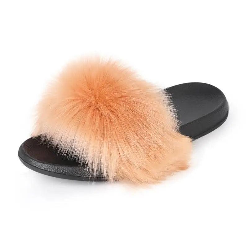 Stevvex fluffy fur slide slippers peach indoor warm flat sole on Tampa Home & Garden Store