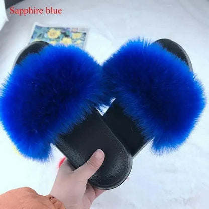 Stevvex fluffy fur slide slippers sapphire blue with black sole, ladies warm slippers on Tampa Home & Garden Store