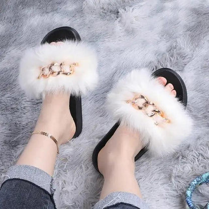 Fluffy fur indoor slippers Stevvex with white fur strap and gold chain, black sole on Tampa Home & Garden Store