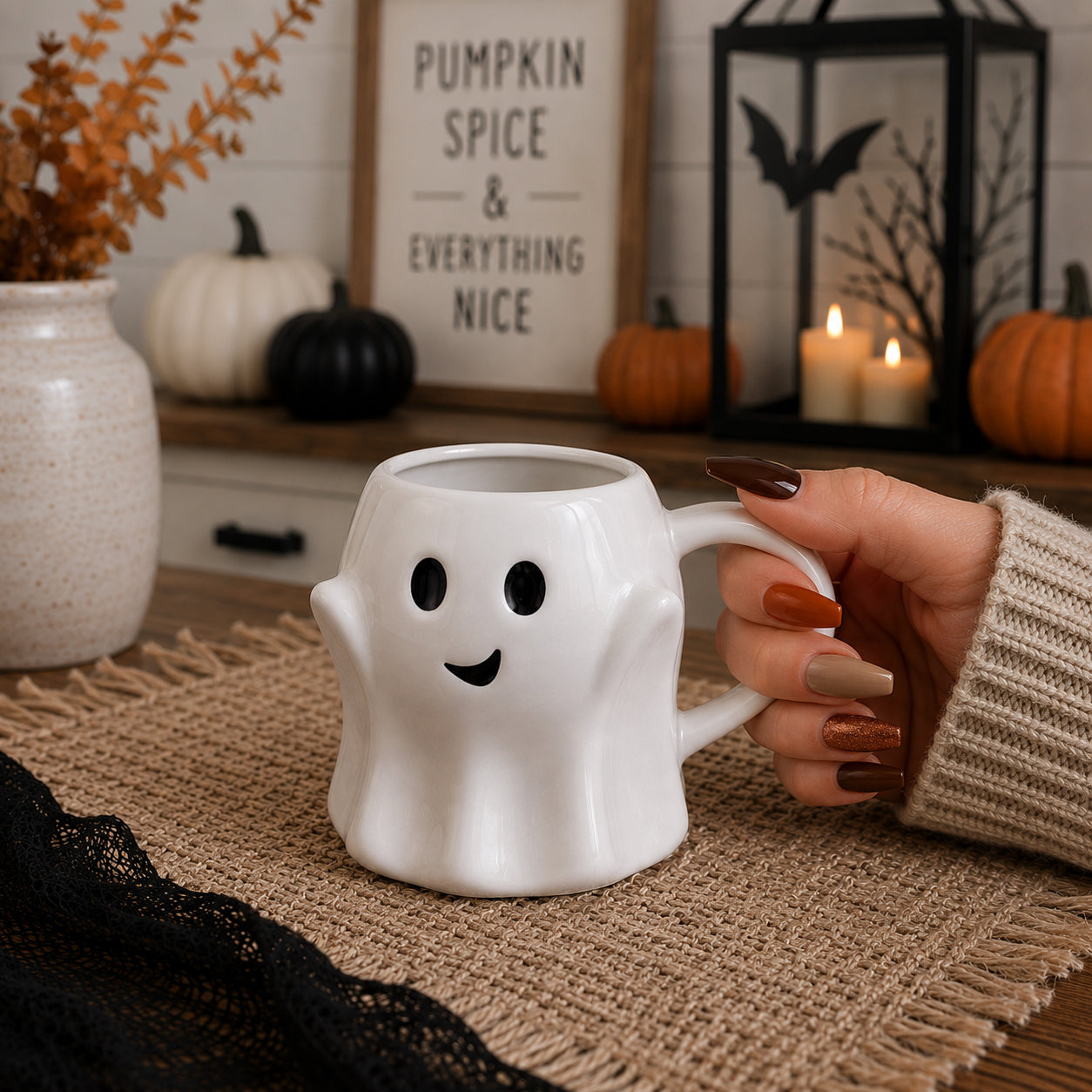 Ghost mug white ceramic coffee mug with a smiley ghost Gia Roma Seasonal Decorations on Tampa Home & Garden Store