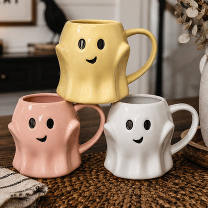 Ghost Mug trio: ceramic ghost-shaped coffee mugs pastel yellow, pink, white Gia Roma on Tampa Home & Garden Store