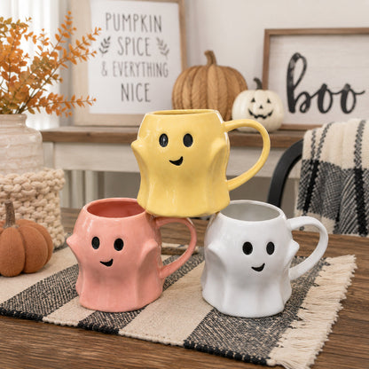 Gia Roma Ghost Mug set of 3 yellow pink white coffee mugs with smiles on Tampa Home & Garden Store
