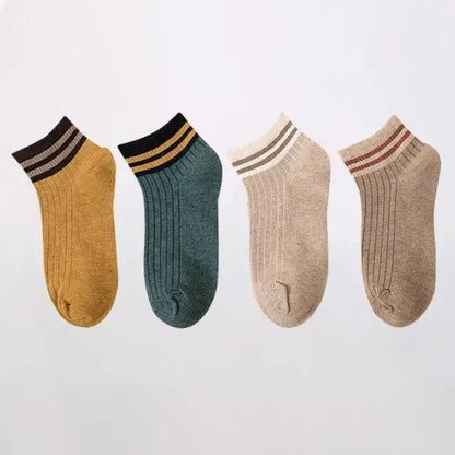 Stevvex ankle socks four pairs in mustard teal beige taupe with striped cuffs on Tampa Home & Garden Store