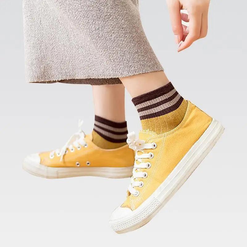 Cute Heart Design 4 Pairs Women Ankle Socks mustard yellow cotton with brown stripes on Tampa Home & Garden Store