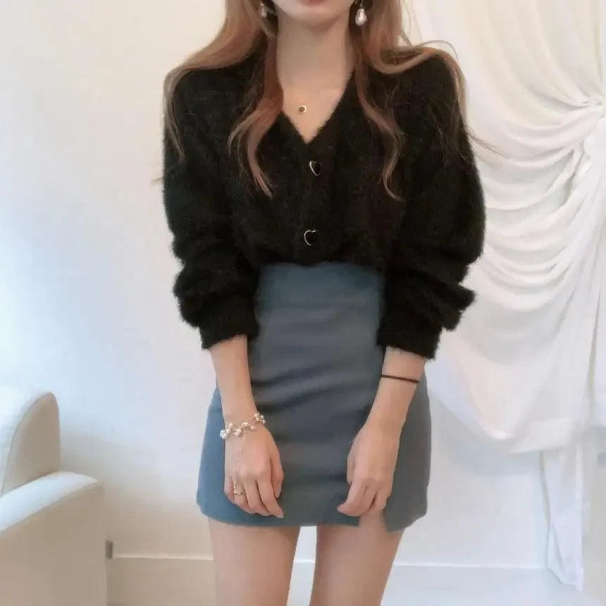 Stevvex black mink-knit cardigan with V-neck long sleeves buttoned front paired with gray mini skirt on Tampa Home & Garden Store