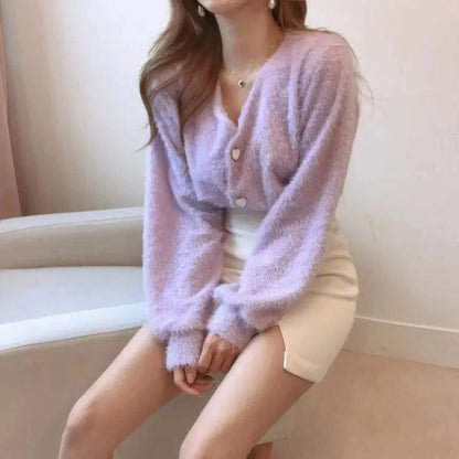 Stevvex lavender fuzzy knit cardigan for women with V-neck and button-front long sleeves on Tampa Home & Garden Store