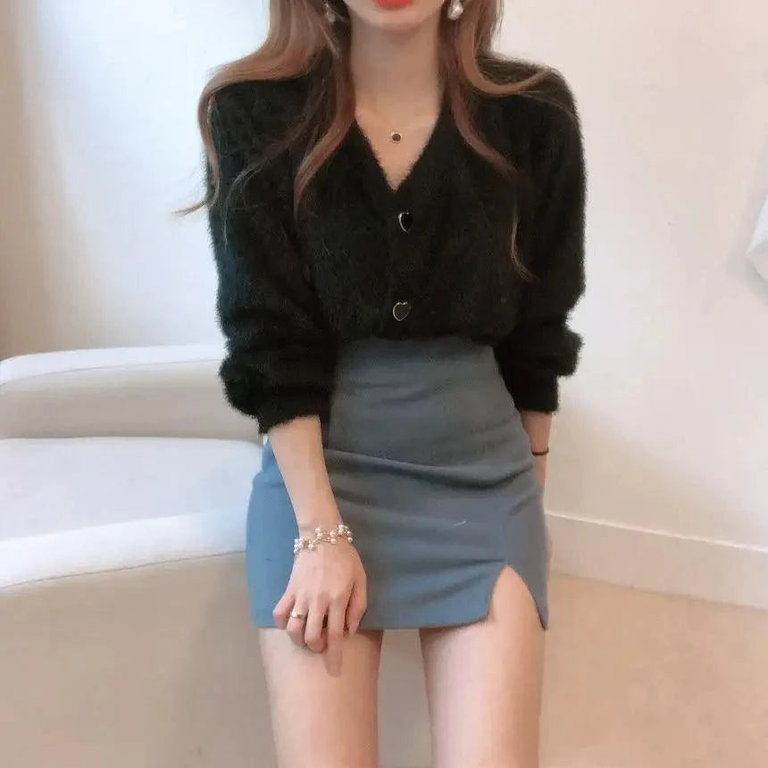 Stevvex cardigan ST93291EGF black fuzzy V-neck knit with metal buttons, blue mini skirt outfit on Tampa Home & Garden Store