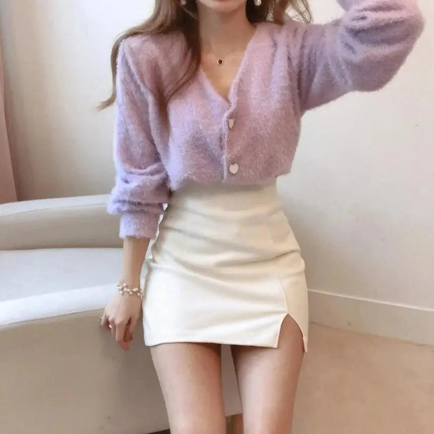 Stevvex lilac fuzzy cardigan with V-neck and button front cropped knit outerwear for women on Tampa Home & Garden Store