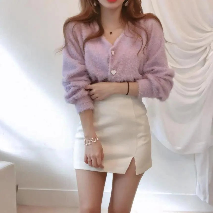 Stevvex lavender mink-knit cardigan with V-neck and heart-shaped buttons, long sleeves on Tampa Home & Garden Store