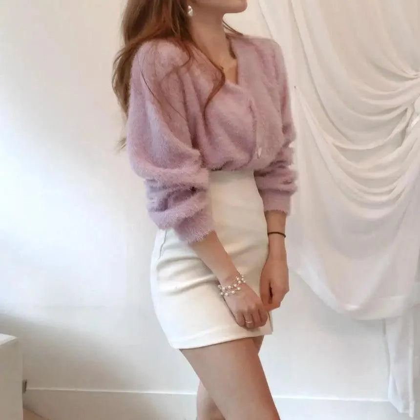 Mink knit cardigan Stevvex lavender fluffy V-neck outerwear; white mini skirt on Tampa Home & Garden Store