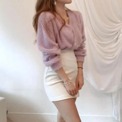 Mink knit cardigan Stevvex lavender fluffy V-neck outerwear; white mini skirt on Tampa Home & Garden Store
