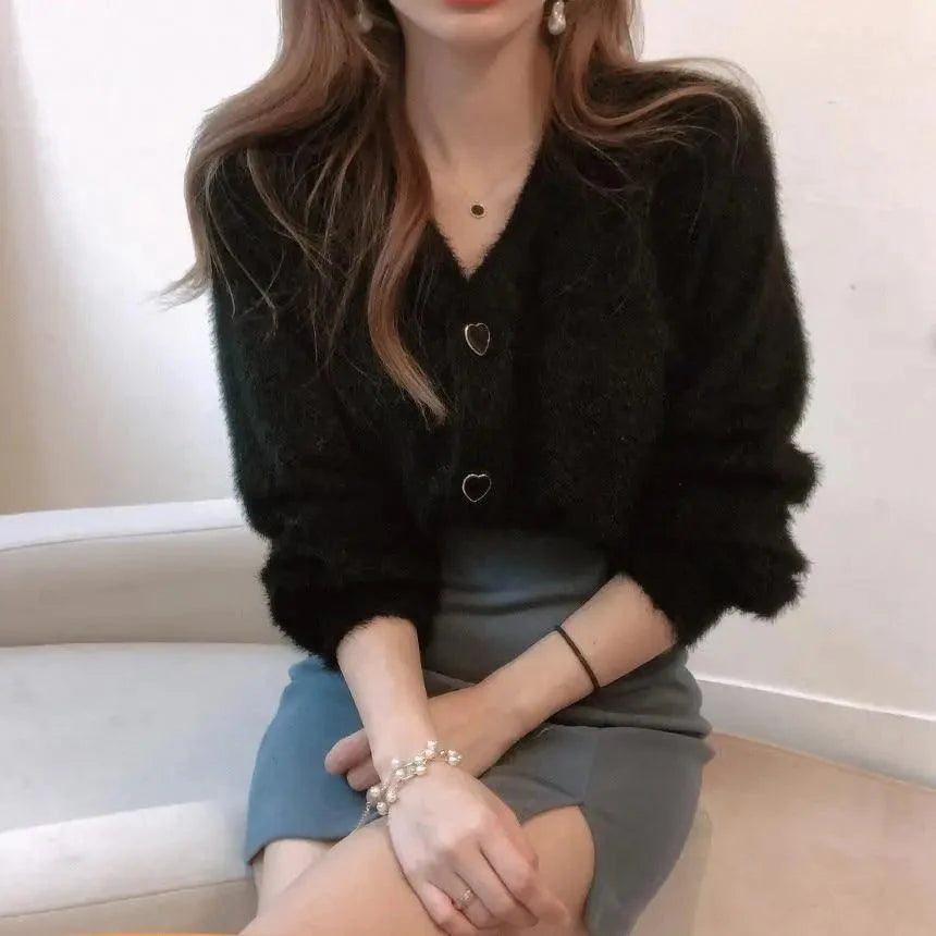 Stevvex black mink-knit cardigan with V-neck and heart-shaped buttons, long sleeves on Tampa Home & Garden Store