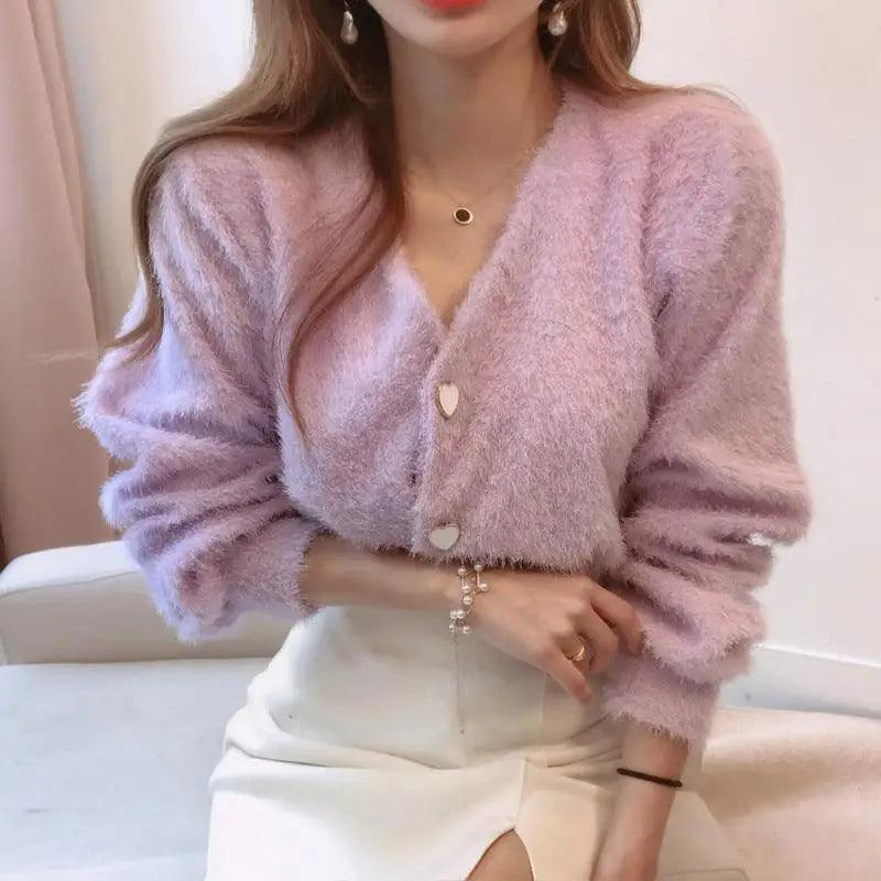 Stevvex lavender fluffy V-neck cardigan with three-button front for women on Tampa Home & Garden Store