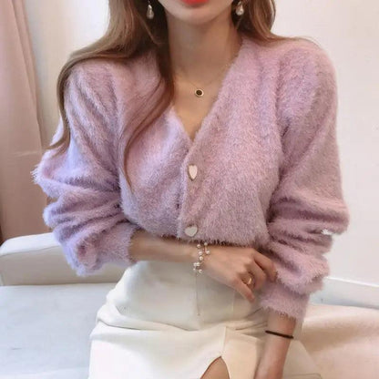 Stevvex lavender fluffy V-neck cardigan with three-button front for women on Tampa Home & Garden Store