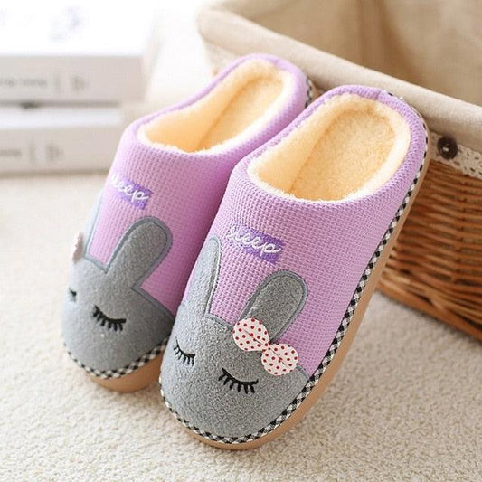 Slippers Purple bunny face fluffy cream lining gray ears pink bow pair on Tampa Home & Garden Store