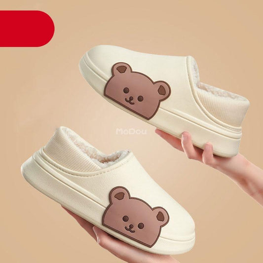 Stevvex cream bear face patch cotton slippers pair with plush lining EVA sole on Tampa Home & Garden Store