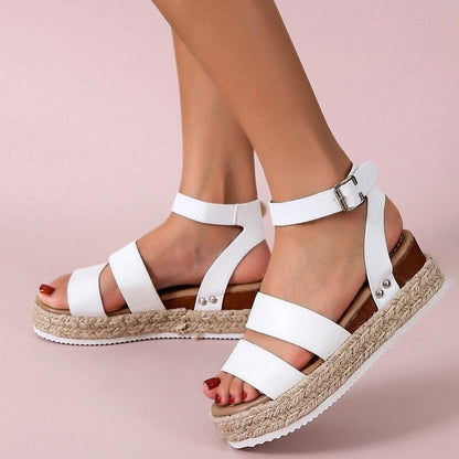 White platform sandals open-toe with ankle strap and toe bands, espadrille rope sole on Tampa Home & Garden Store