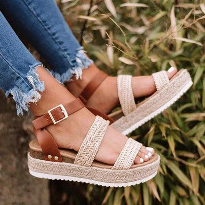 Women's beige woven espadrille platform sandals with brown ankle strap open-toe on Tampa Home & Garden Store