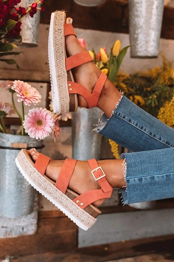 Stevvex coral cross-strap platform sandals, open-toe with ankle buckle and rope-wrapped sole on Tampa Home & Garden Store