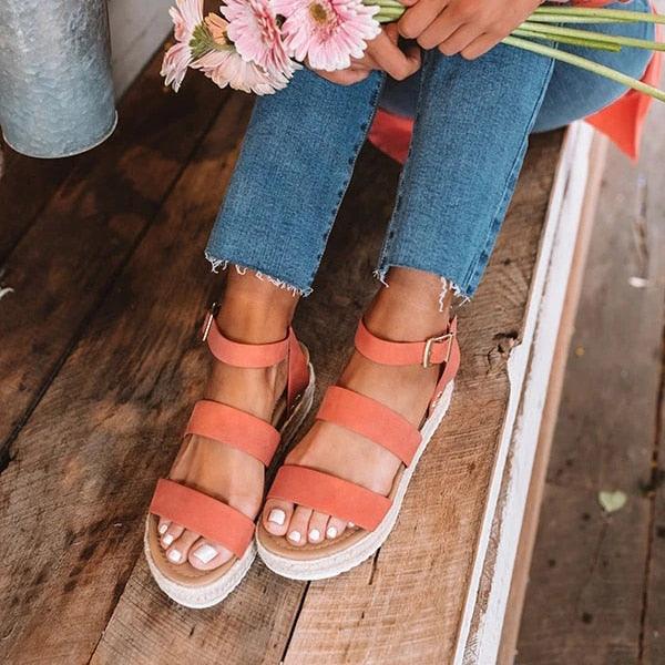 Stevvex coral orange platform sandals with open toe triple straps and ankle buckle on Tampa Home & Garden Store