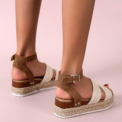 Stevvex platform sandals pair with cross straps, tan suede and rope-wrapped sole, open toe on Tampa Home & Garden Store
