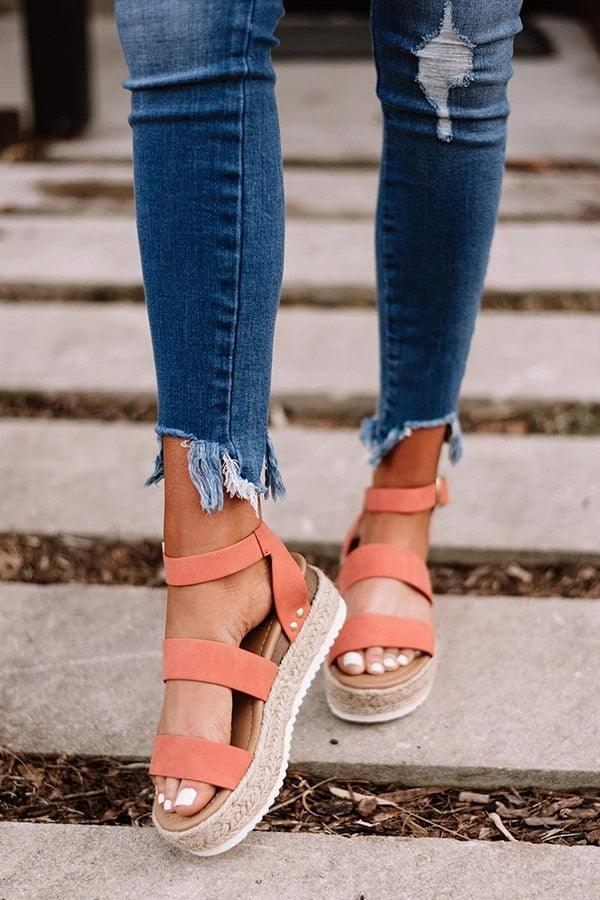 Stevvex peach platform sandals with cross straps and ankle wrap, espadrille rope sole open-toe pair on Tampa Home & Garden Store