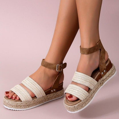 Stevvex cute summer sandals beige espadrille platform cross straps ankle wrap buckle pair on Tampa Home & Garden Store