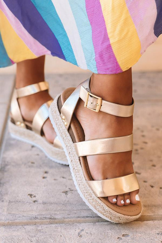 Gold platform sandals by Stevvex with cross straps, open toe, ankle buckle, rope-wrapped wedge on Tampa Home & Garden Store