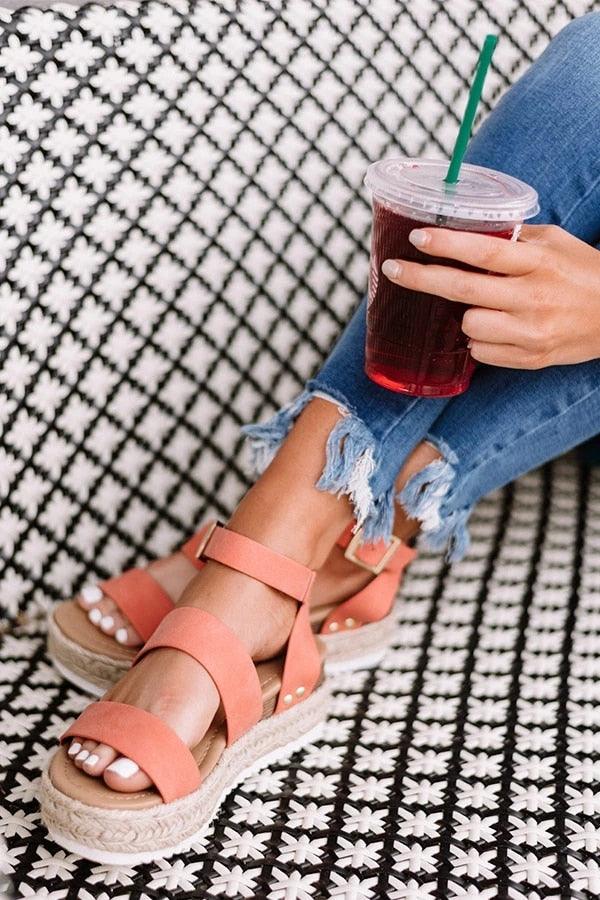 Stevvex women's peach pink platform sandals with ankle strap and open toe, espadrille-wrapped sole on Tampa Home & Garden Store