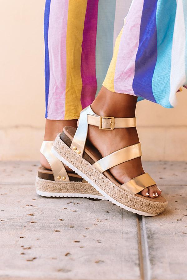 Stevvex golden platform sandals with cross straps, ankle buckle, open toe, rope-wrapped sole on Tampa Home & Garden Store