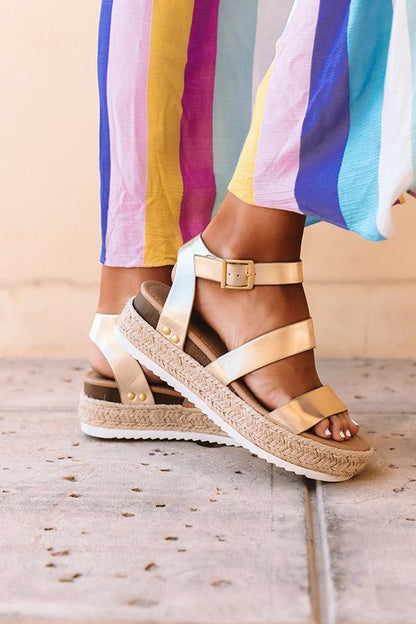 Stevvex golden platform sandals with cross straps, ankle buckle, open toe, rope-wrapped sole on Tampa Home & Garden Store