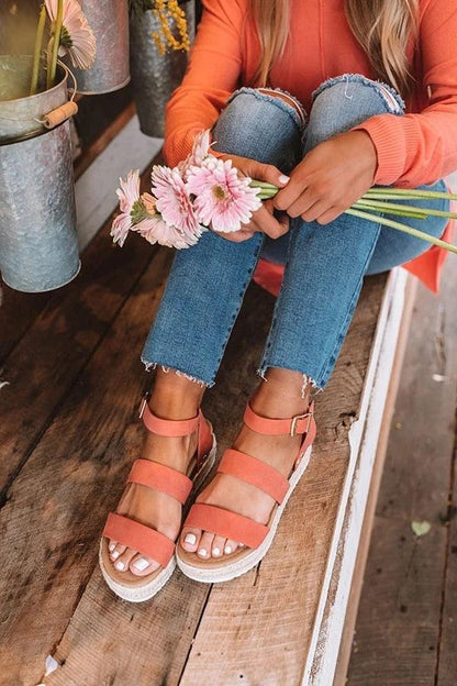 Stevvex coral platform sandals with triple straps, ankle buckle, open toe, white rope sole on Tampa Home & Garden Store