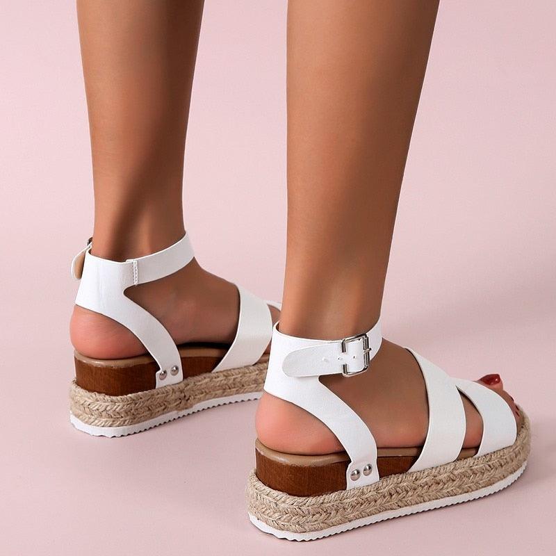 Stevvex white platform sandals with ankle strap and cross bands jute-wrapped sole on Tampa Home & Garden Store