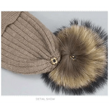 Beanie Stevvex beige ribbed knit with detachable fur pom pom for adults and kids on Tampa Home & Garden Store