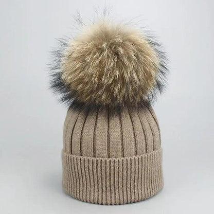 Stevvex beige ribbed beanie with detachable faux fur pom pom on Tampa Home & Garden Store