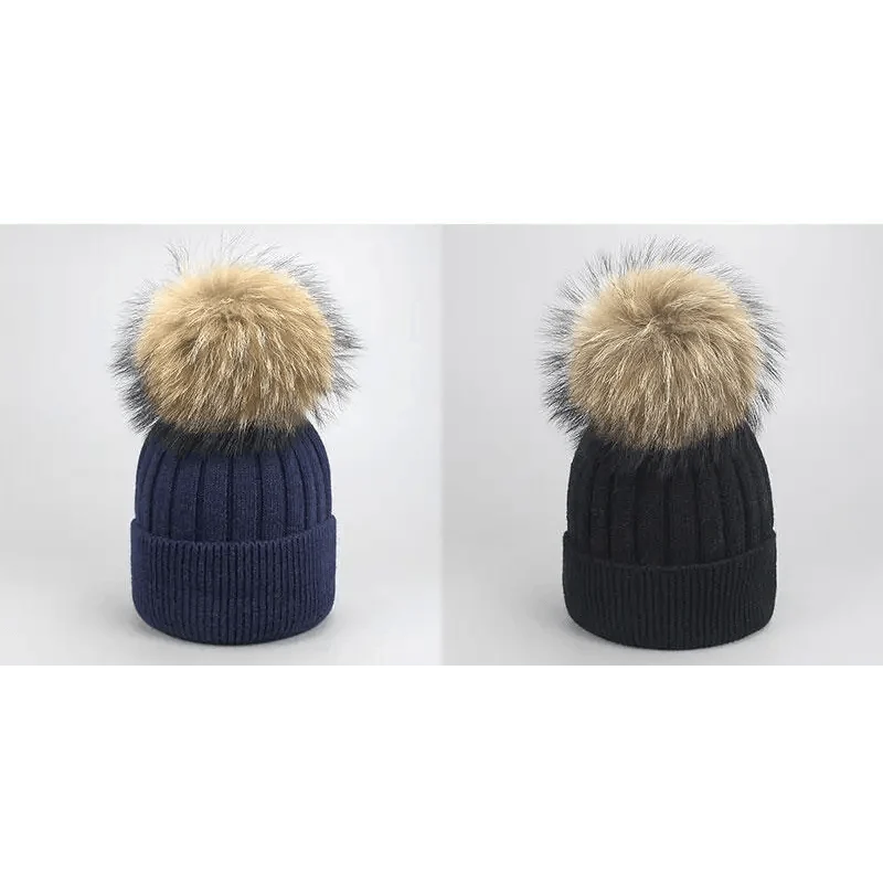Stevvex beanie pair navy and black ribbed knit with detachable faux fur pom pom on Tampa Home & Garden Store