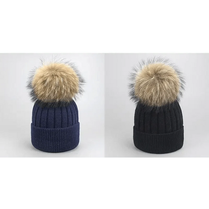 Stevvex beanie pair navy and black ribbed knit with detachable faux fur pom pom on Tampa Home & Garden Store