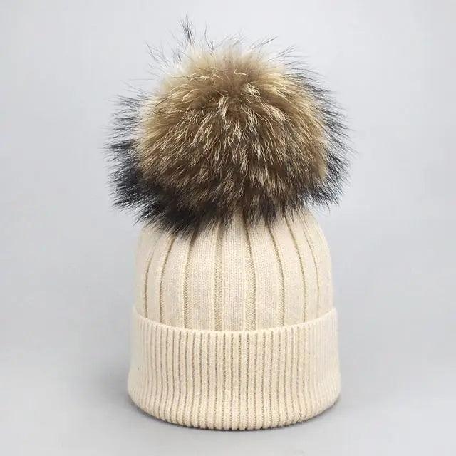 Stevvex beige knit beanie with detachable fur pom pom and ribbed cuff for adults and kids on Tampa Home & Garden Store